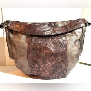 Mimeki Elegant Brown gray Leather  shoulder Women's Bag